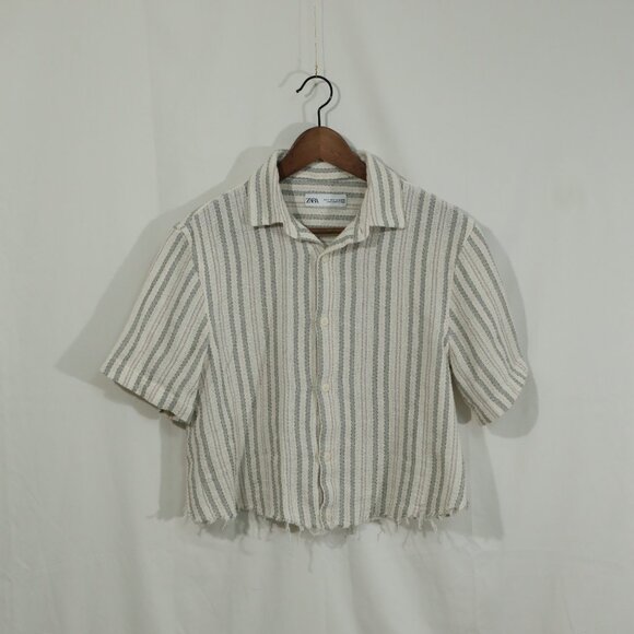 Zara Striped Short Sleeve Button Down Top Fringe d Size S - Picture 1 of 7